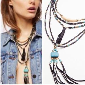 Free People Tribal Boho Gemstone Tassel Necklace